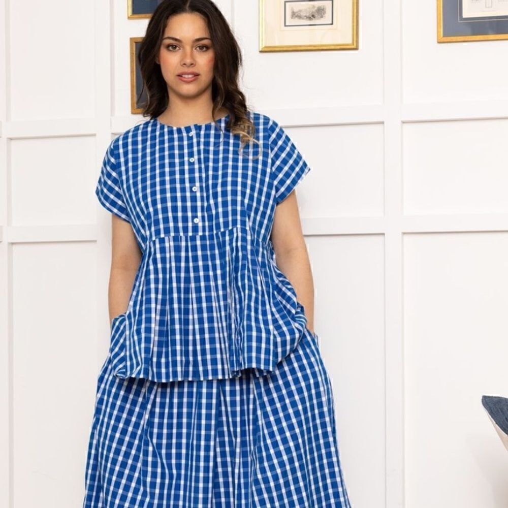 Kowtow Form Top Blue White Checkered Oversized Fit